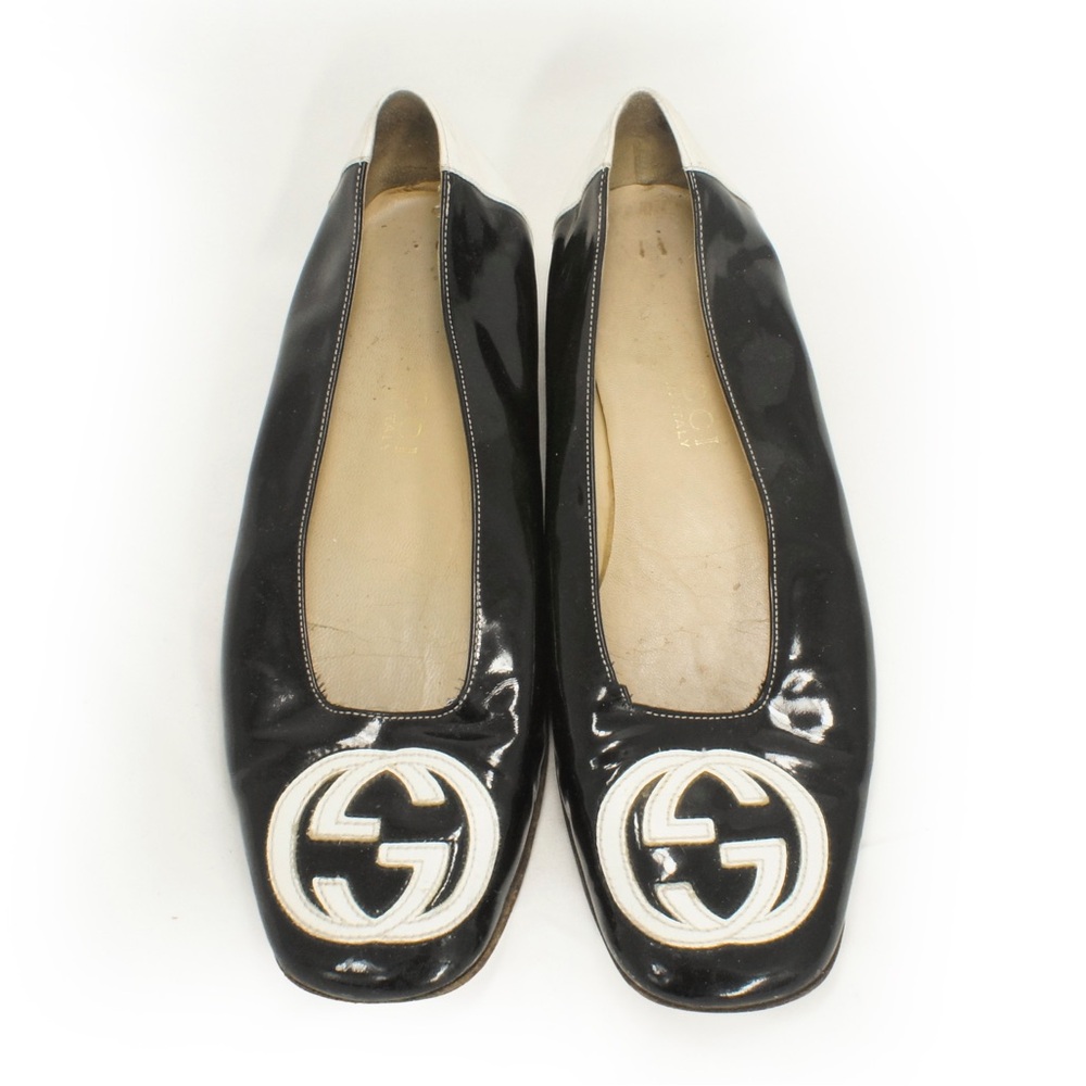 Gucci Black White GG Logo Patent Leather Ballerina Flats Shoes
